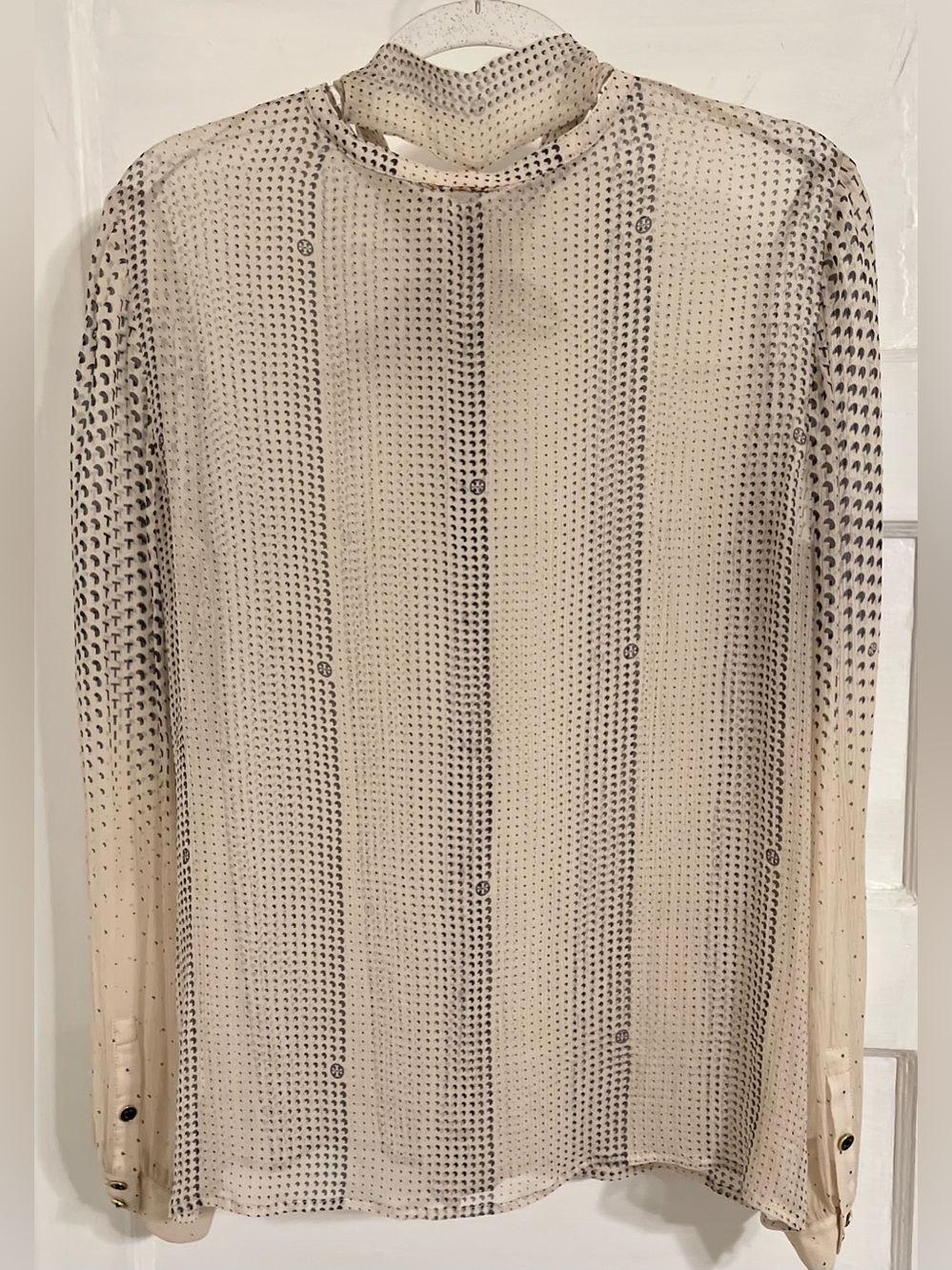 Tory Burch Cream Sheer Bow-Neck Blouse with Black Dot Stripe Logo on Buttons - Picture 5 of 13